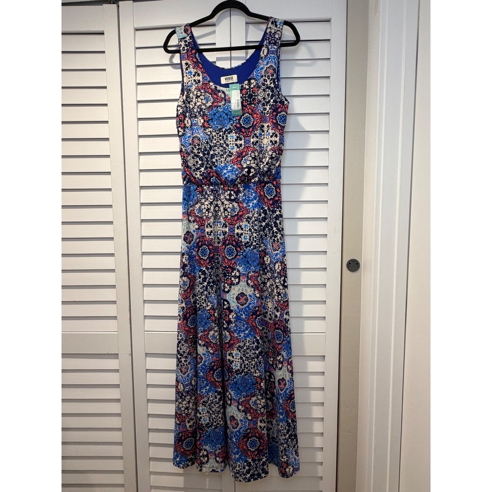Verse Naomi Knit Maxi Dress XL Cobalt Blue‎ Red Boho Medallion Print Stretch NEW